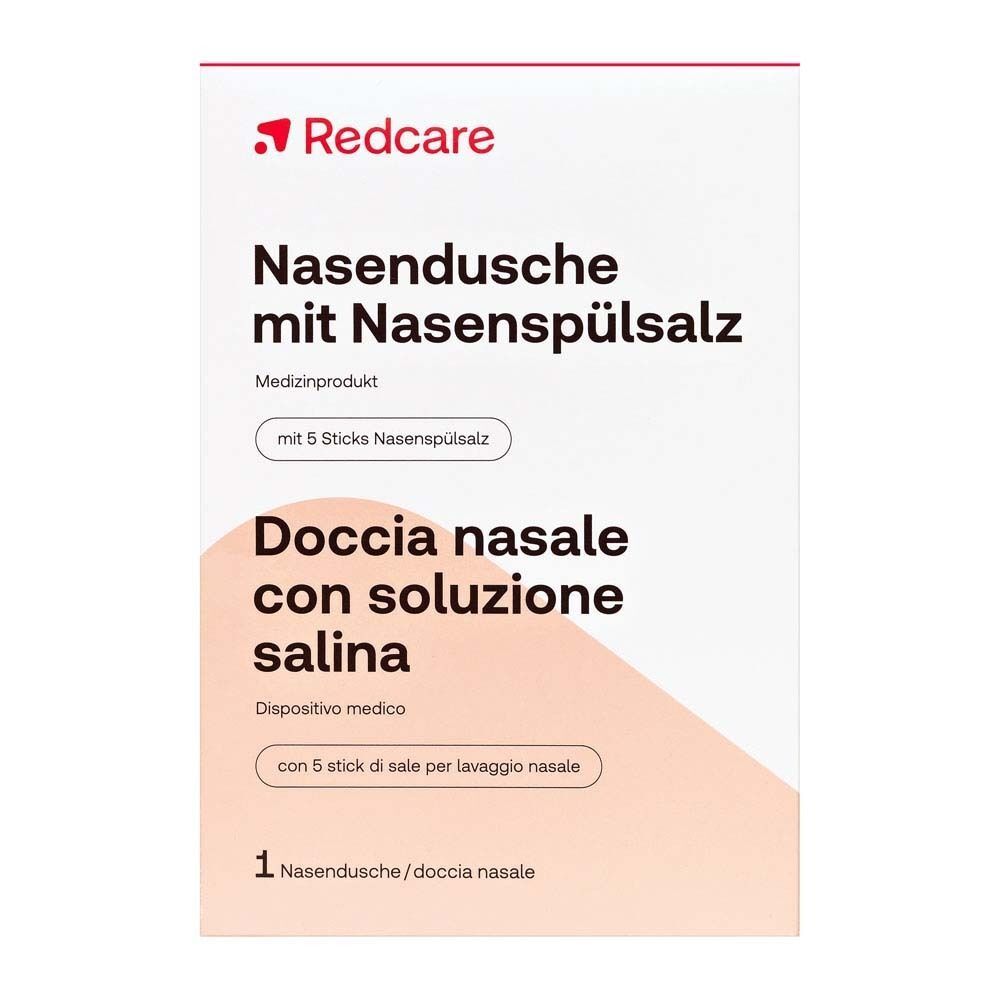 Verpackung Nasendusche mit Nasenspülsalz. Aufschrift: Redcare, Nasendusche, Doccia nasale con soluzione salina. Enthält 5 Sticks Nasenspülsalz.