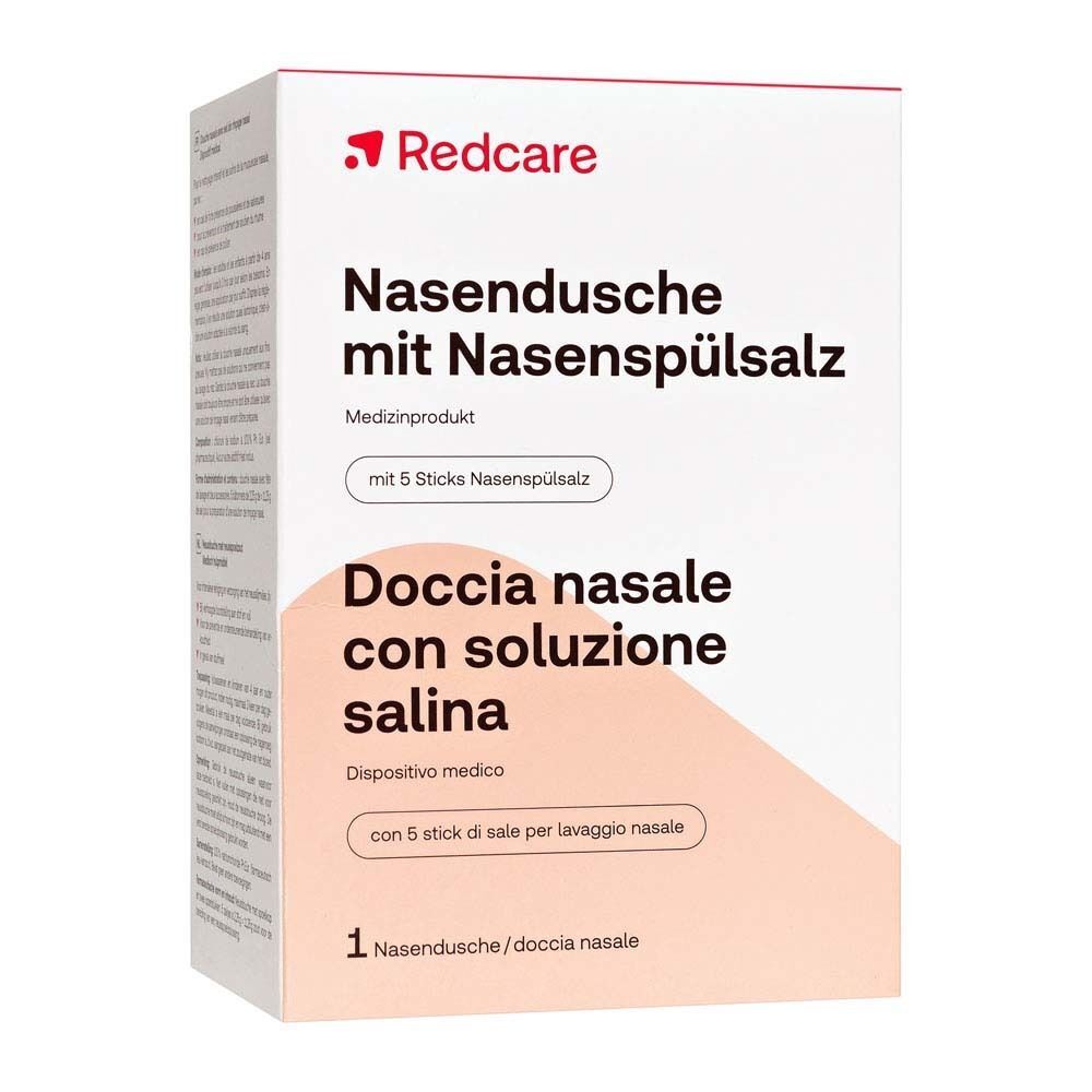 Verpackung Nasendusche mit Nasenspülsalz. Aufschrift: Redcare, Nasendusche, Doccia nasale con soluzione salina. Enthält 5 Sticks Nasenspülsalz.