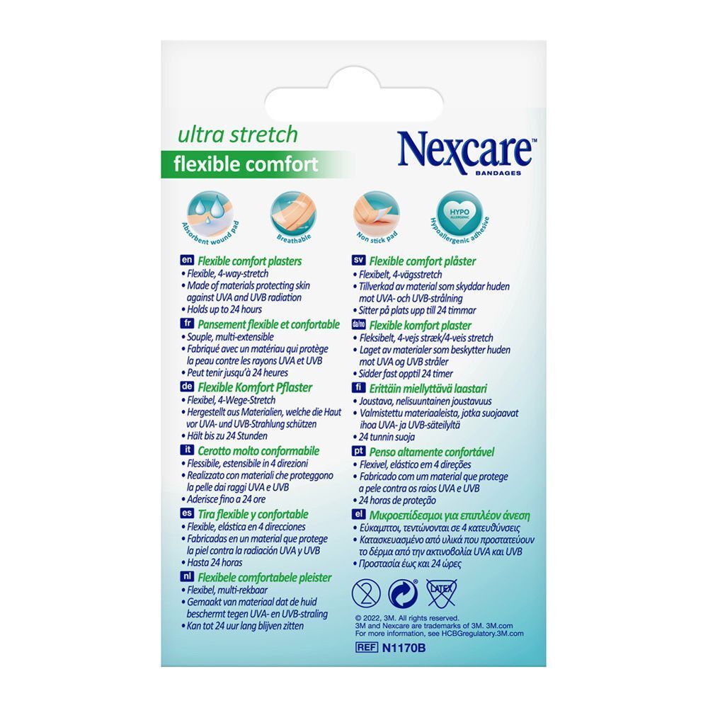 Rückseite der Nexcare Ultra Stretch Pflaster-Packung. Informationen zu Eigenschaften und Inhaltsstoffen.
