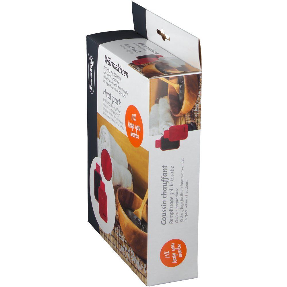 Produktverpackung. Weißer Karton mit Produktabbildung und Text. Aufschrift: FASHY, Wärmekissen, Heat pack.