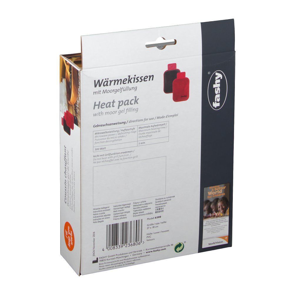 Rückseite der Produktverpackung. Weißer Karton mit Text und Produktabbildung. Aufschrift: FASHY, Wärmekissen, Heat pack.