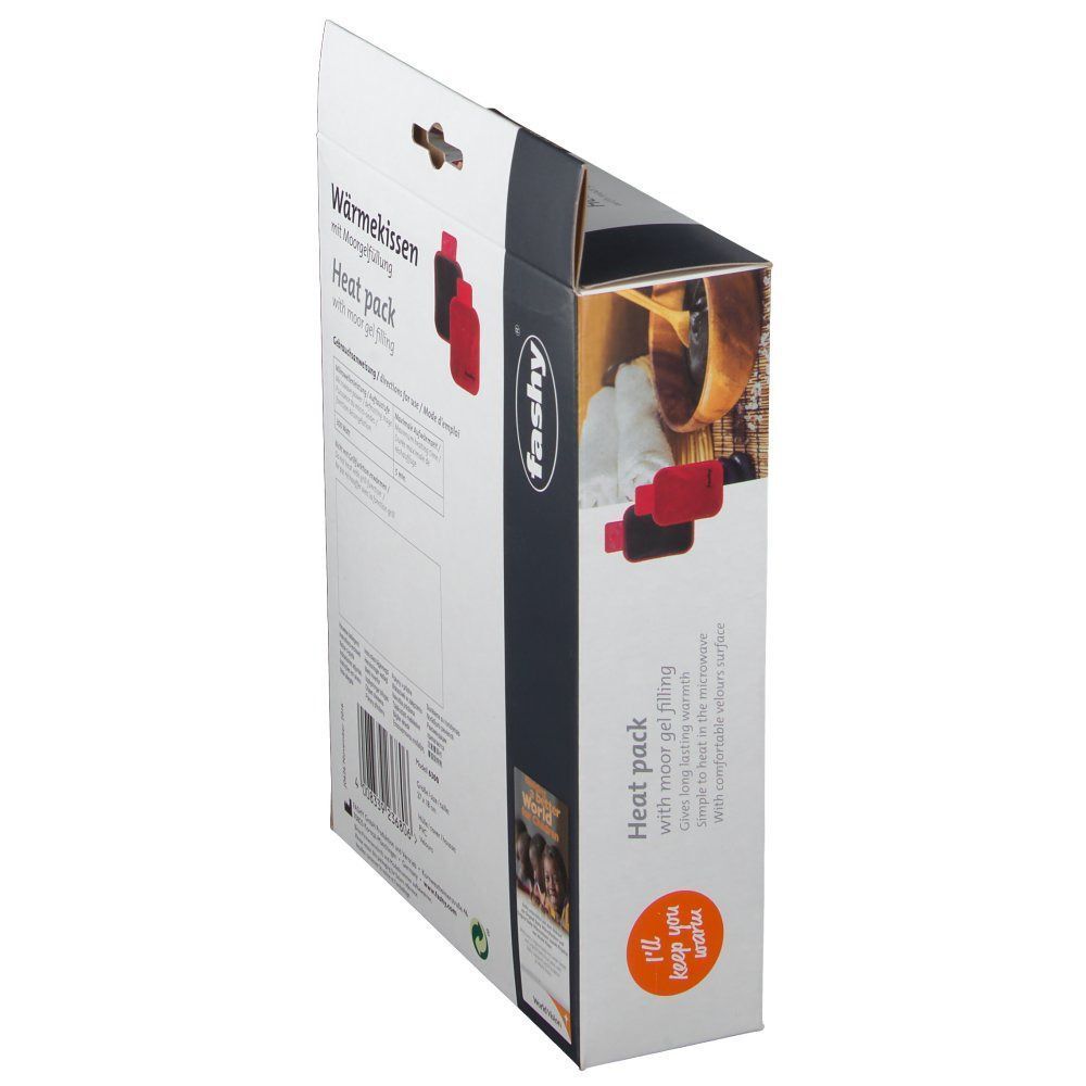 Produktverpackung, Seitenansicht. Weißer Karton mit Produktabbildung und Text. Aufschrift: FASHY, Wärmekissen, Heat pack.