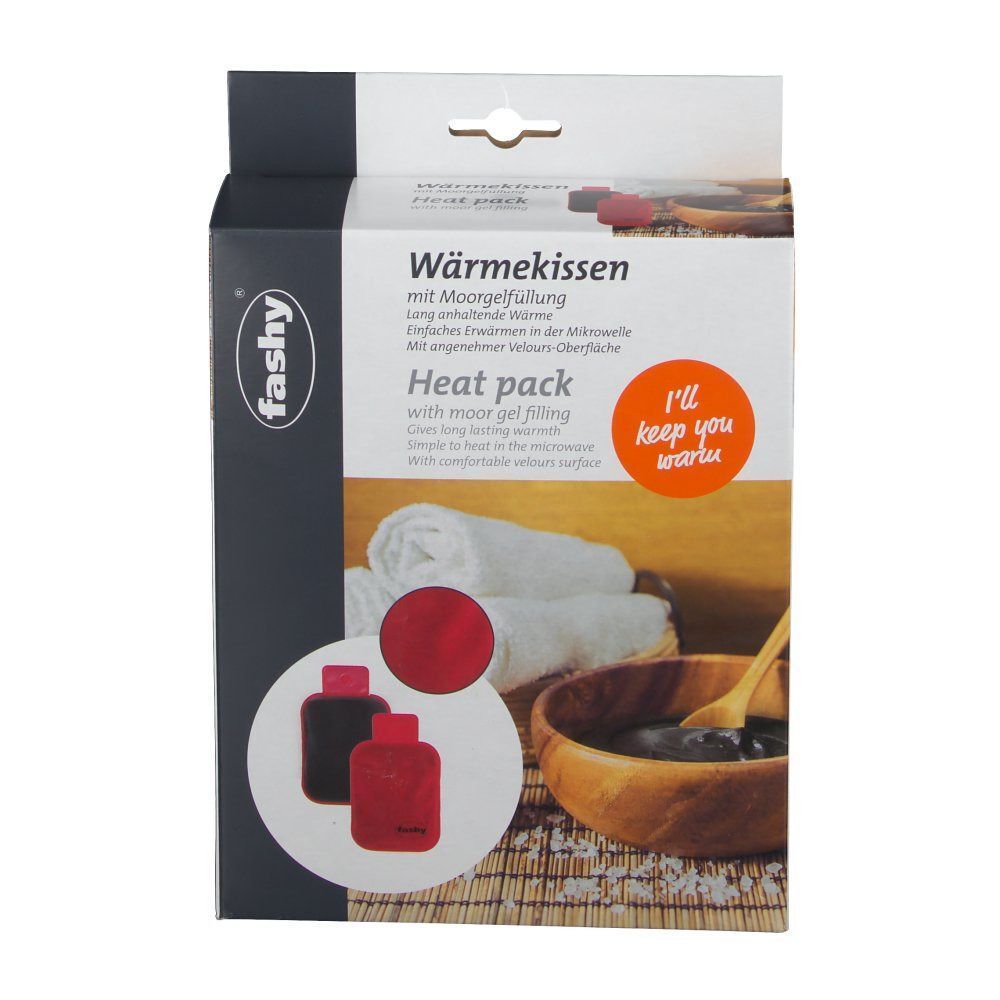Produktverpackung. Weißer Karton mit Produktabbildung und Text. Aufschrift: FASHY, Wärmekissen, Heat pack.