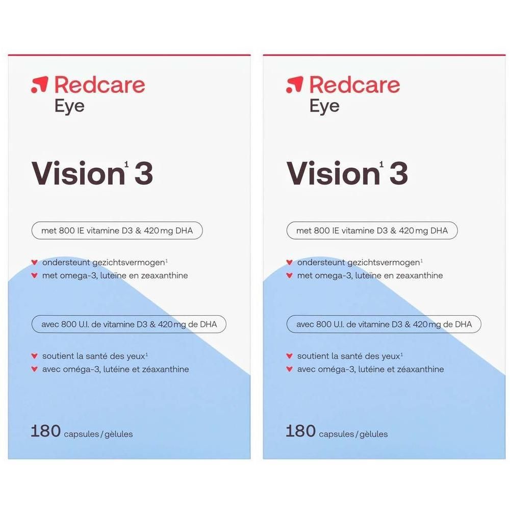 Zwei Packungen Redcare Eye Vision 3. Weiße Verpackung mit rotem Logo und Produktinformationen. Enthält 180 Kapseln.