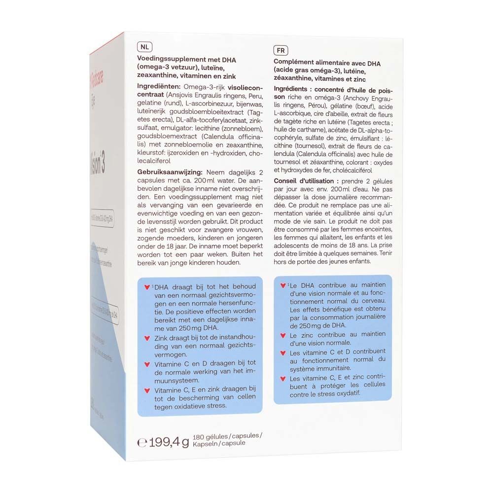 Rückseite der Redcare Eye Vision 3 Verpackung. Enthält Informationen zu Inhaltsstoffen und Anwendung in Niederländisch und Französisch.