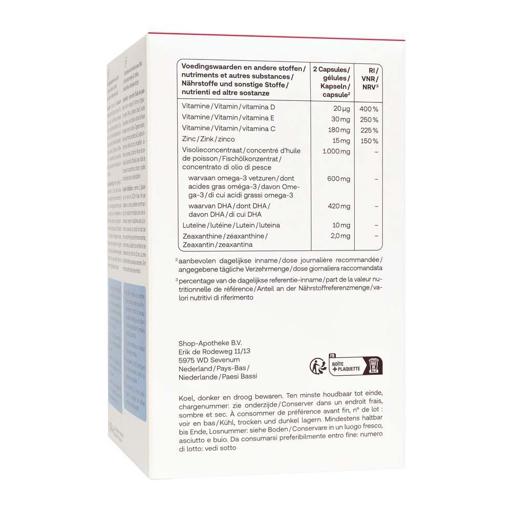 Rückseite der Redcare Eye Vision 3 Verpackung. Enthält Nährwertangaben und Kontaktinformationen des Herstellers.