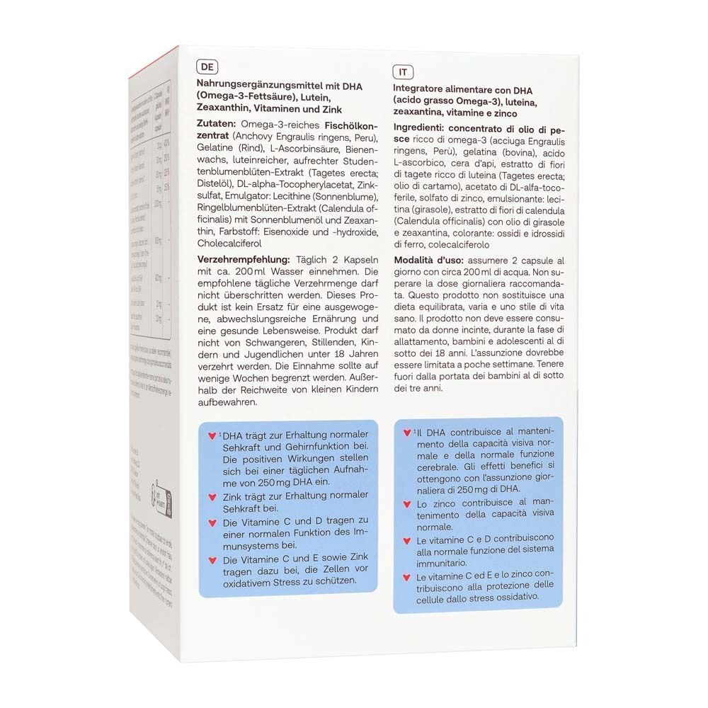 Seite der Redcare Eye Vision 3 Verpackung. Enthält Informationen zu Inhaltsstoffen und Anwendung in Deutsch und Italienisch.
