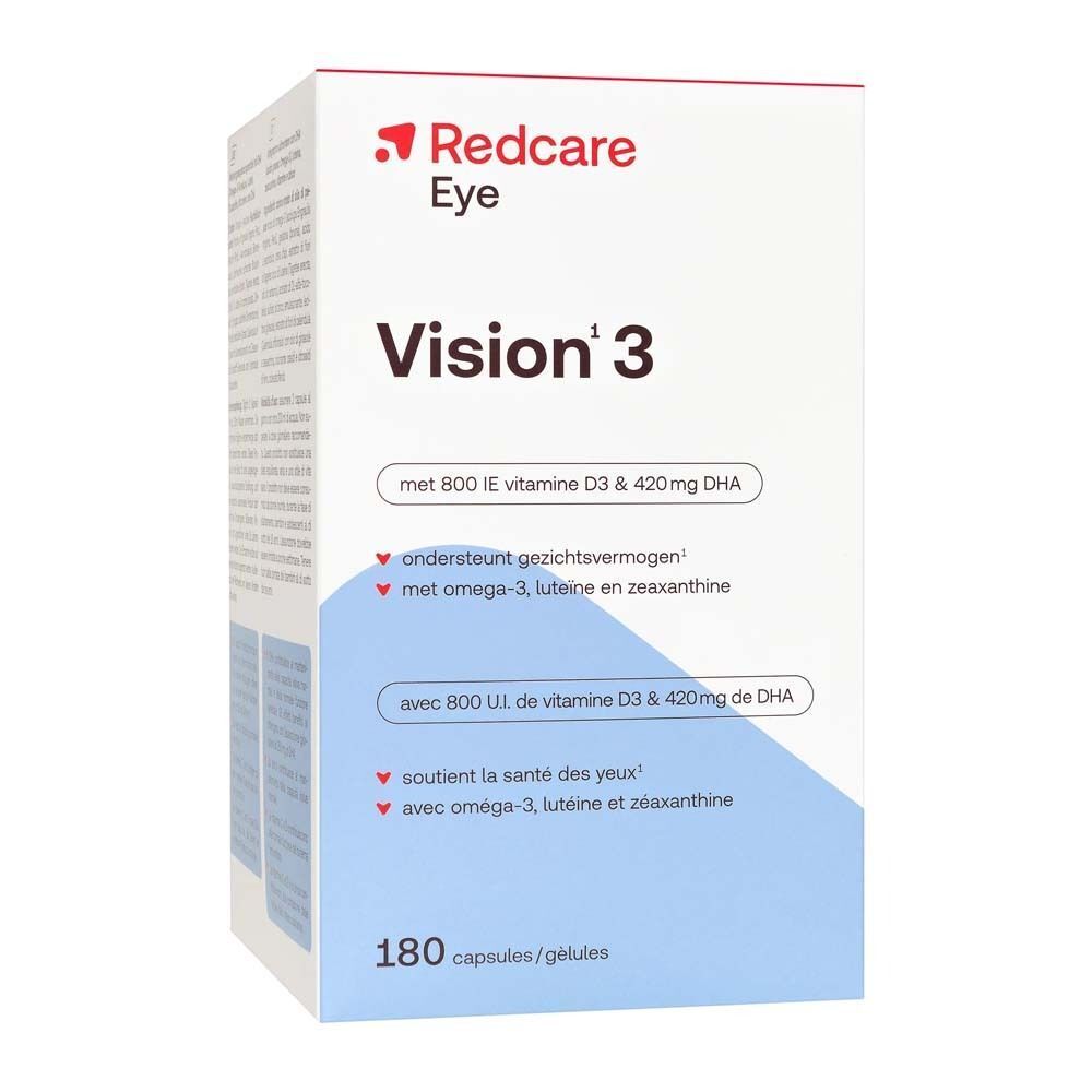 Redcare Eye Vision 3 Verpackung. Weiße Verpackung mit rotem Logo und Produktinformationen. Enthält 180 Kapseln.