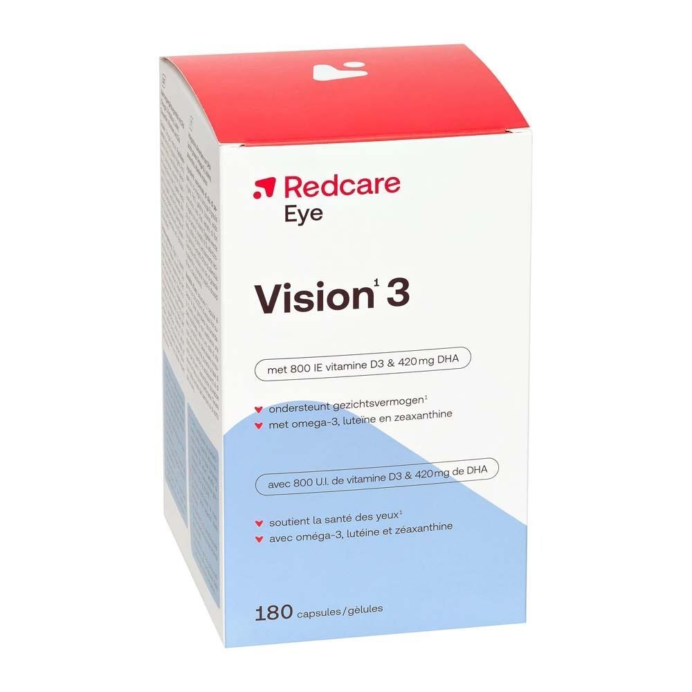 Redcare Eye Vision 3 Verpackung. Weiße Verpackung mit rotem Logo und Produktinformationen. Enthält 180 Kapseln.