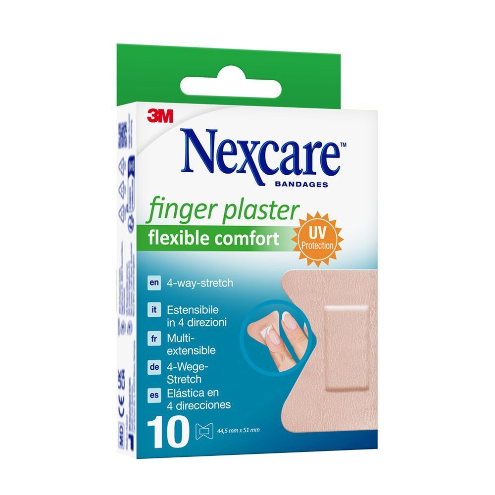 Nexcare Fingerpflaster-Packung. Enthält 10 Pflaster. Aufdruck: 4-Wege-Stretch, UV-Schutz. Grün-weiße Verpackung.