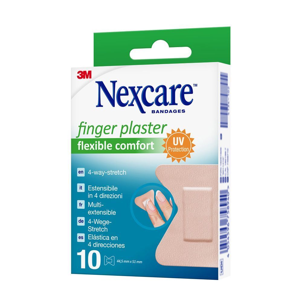 Nexcare Fingerpflaster-Packung. Enthält 10 Pflaster. Aufdruck: 4-Wege-Stretch, UV-Schutz. Grün-weiße Verpackung.