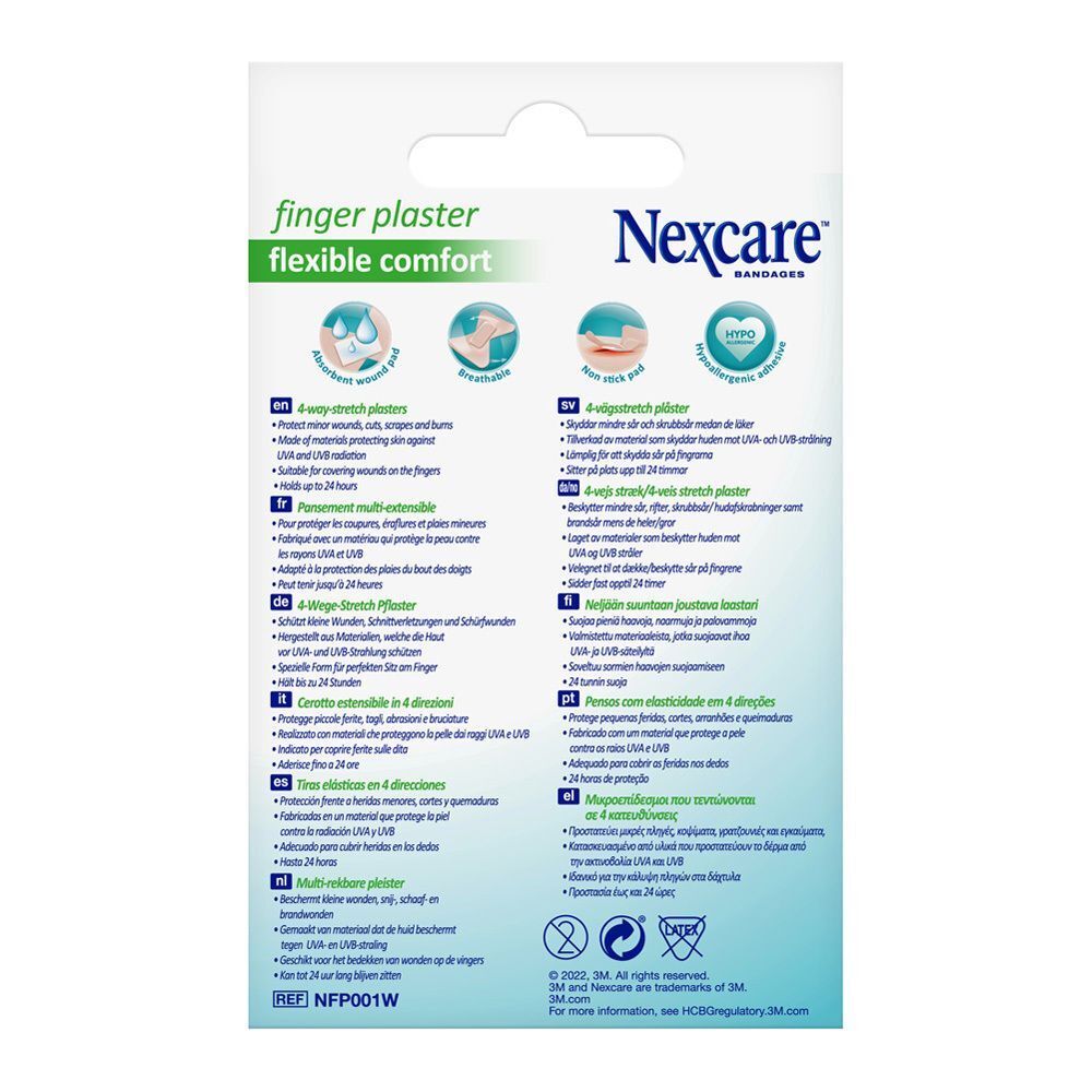 Rückseite der Nexcare Fingerpflaster-Packung. Informationen zu Eigenschaften, Inhaltsstoffen und Anwendung.