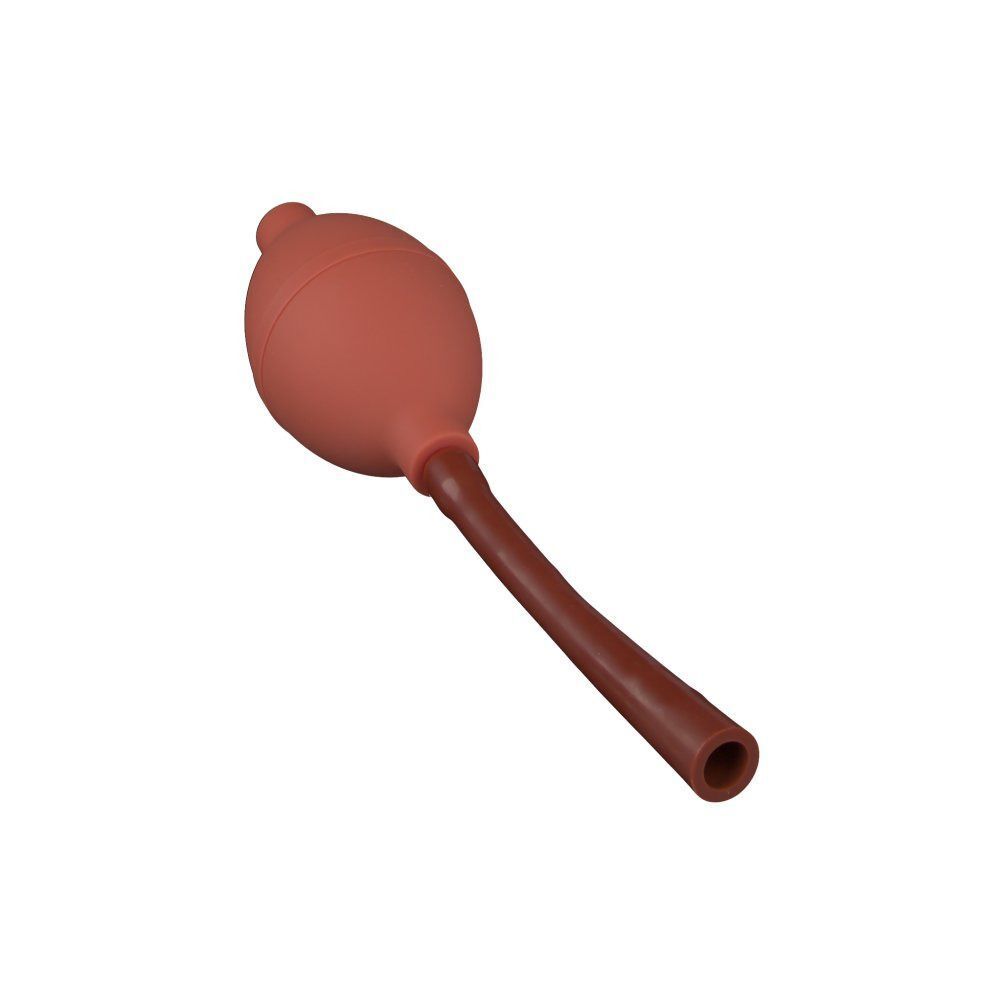 Rote Pumpe mit braunem Griff. Runde Form mit einer Öffnung. Der Griff ist gerade.