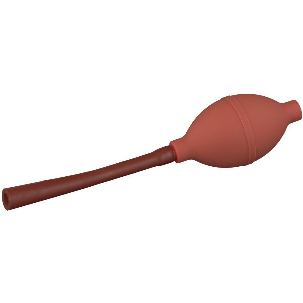 Rote Pumpe mit braunem Griff. Runde Form mit einer Öffnung. Der Griff ist gerade.