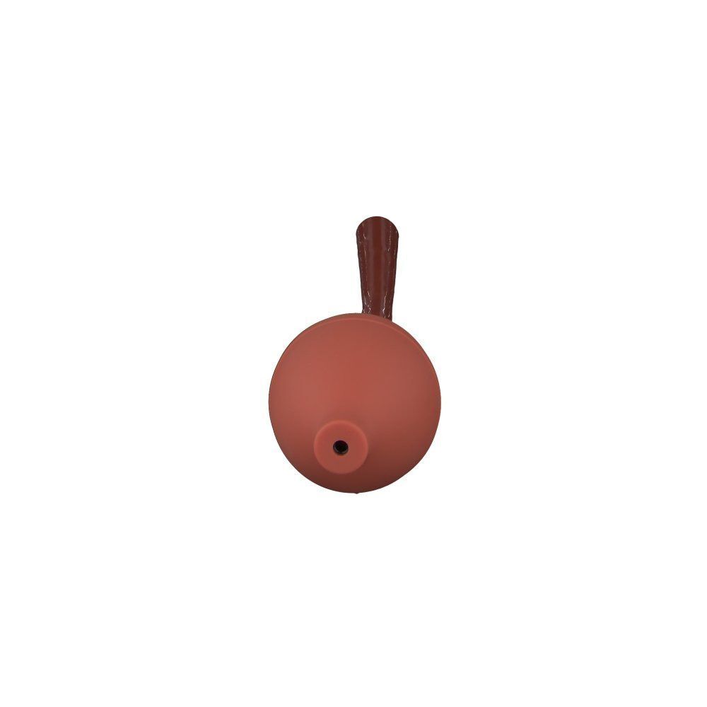 Rote Pumpe mit braunem Griff. Runde Form mit einer Öffnung. Der Griff ist gerade.