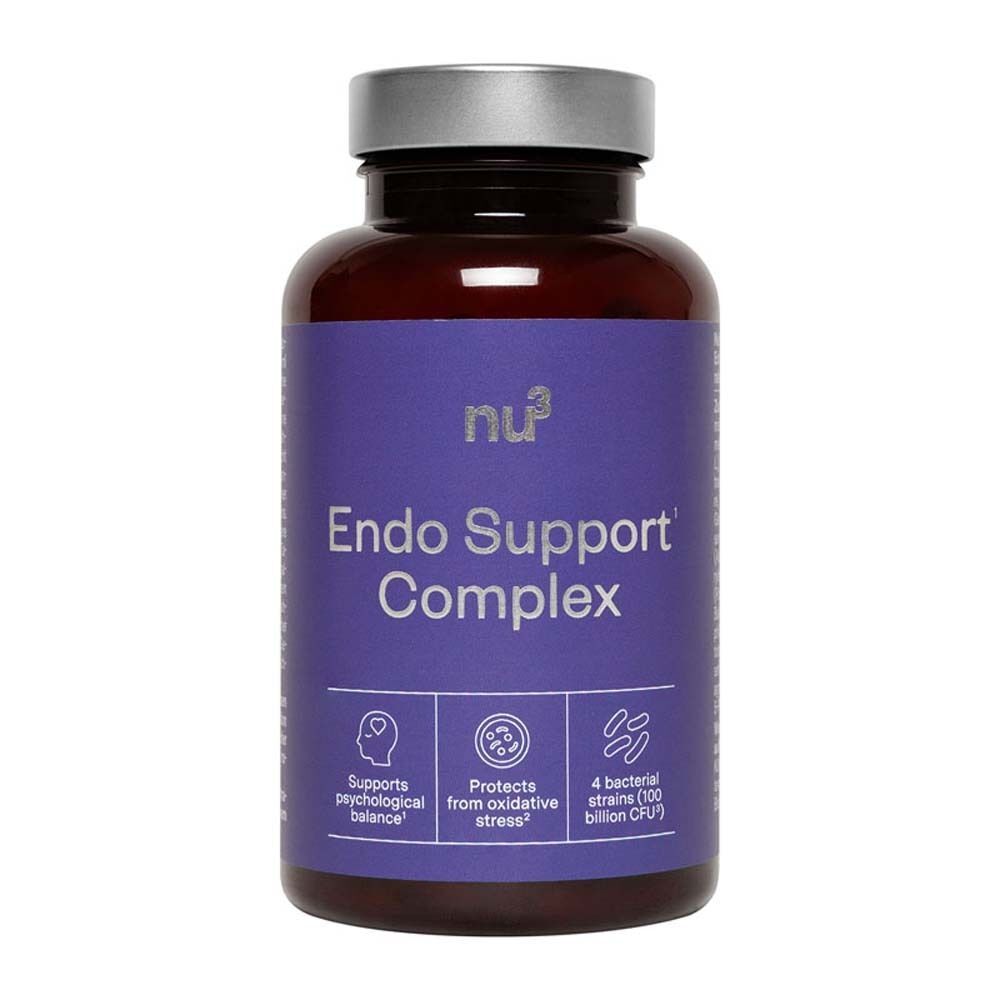 Eine Flasche nu3 Endo Support Complex. Braune Glasflasche mit silbernem Deckel und lila Etikett. Aufschrift: Endo Support Complex.