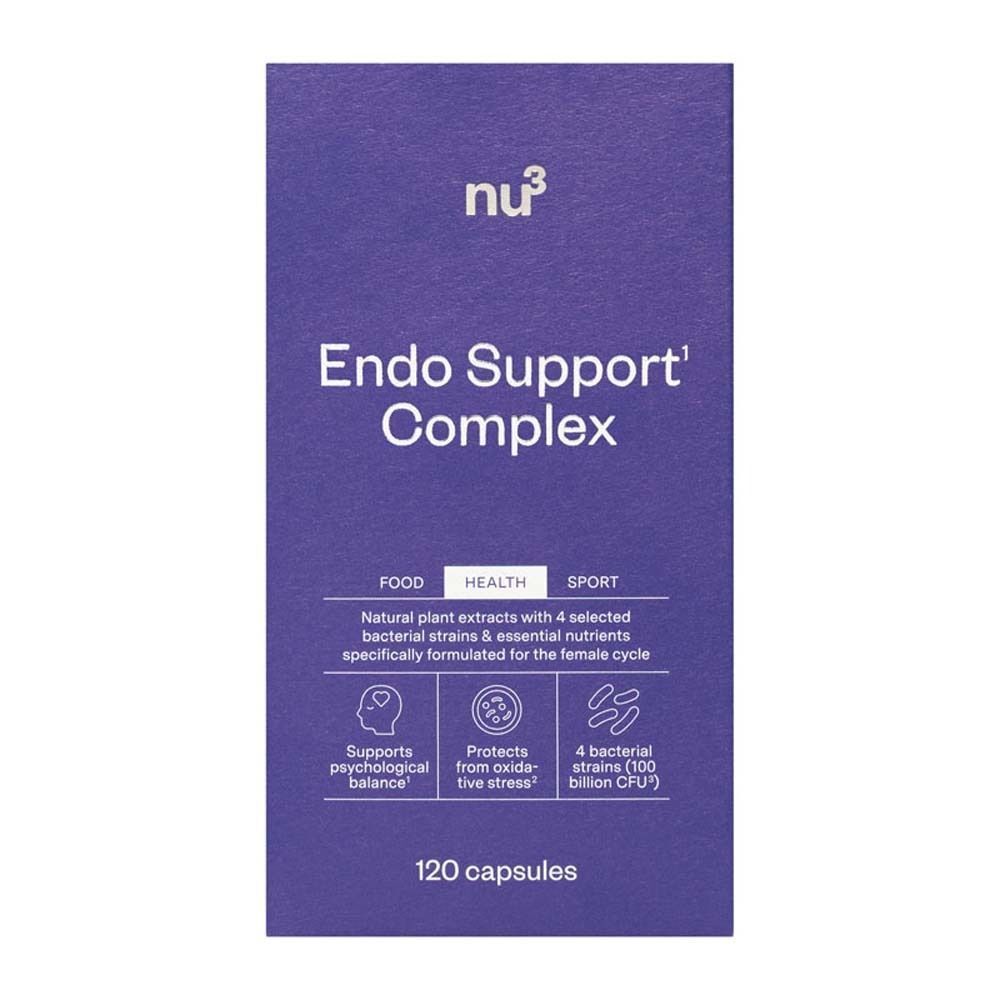 Lila Schachtel mit nu3 Endo Support Complex. Aufschrift: Endo Support Complex. Enthält 120 Kapseln. Text: 4 Bakterienstämme, 100 Milliarden KBE.