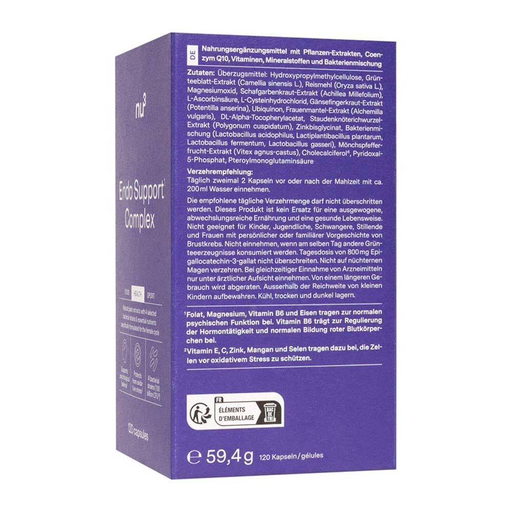 Rückseite der lila Schachtel mit nu3 Endo Support Complex. Text über Inhaltsstoffe und Anwendung. Enthält 120 Kapseln.