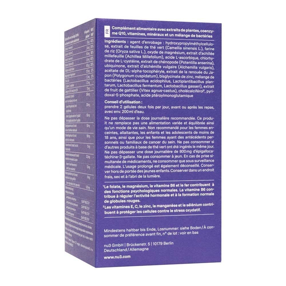 Rückseite der lila Schachtel mit nu3 Endo Support Complex. Text über Inhaltsstoffe und Anwendung. Enthält 120 Kapseln.