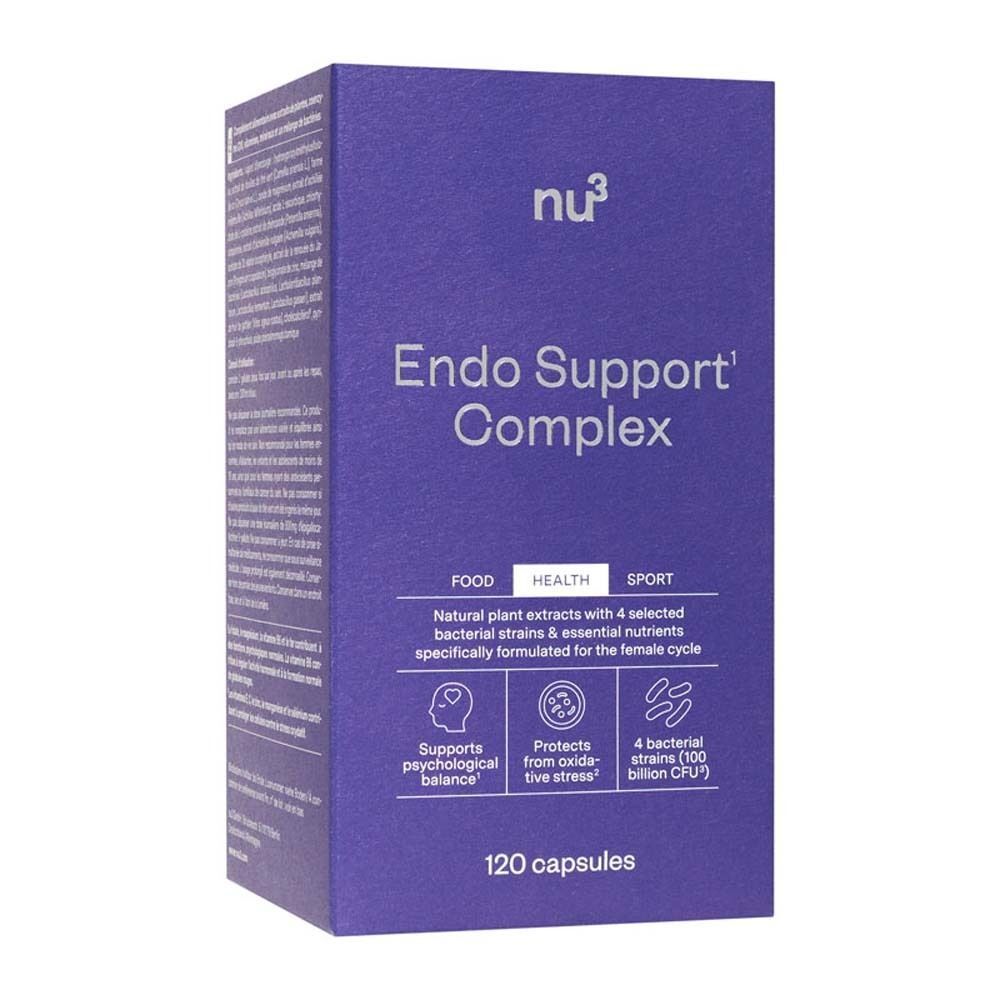 Lila Schachtel mit nu3 Endo Support Complex. Aufschrift: Endo Support Complex. Enthält 120 Kapseln. Text: 4 Bakterienstämme, 100 Milliarden KBE.