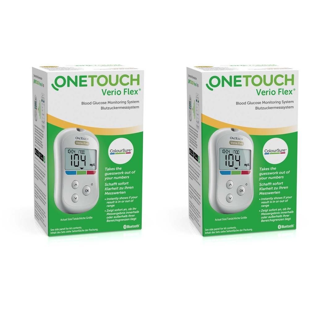 Zwei Packungen OneTouch Verio Flex Blutzuckermesssystem. Auf jeder Packung ist ein Messgerät mit Anzeige von 104 mg/dl zu sehen.