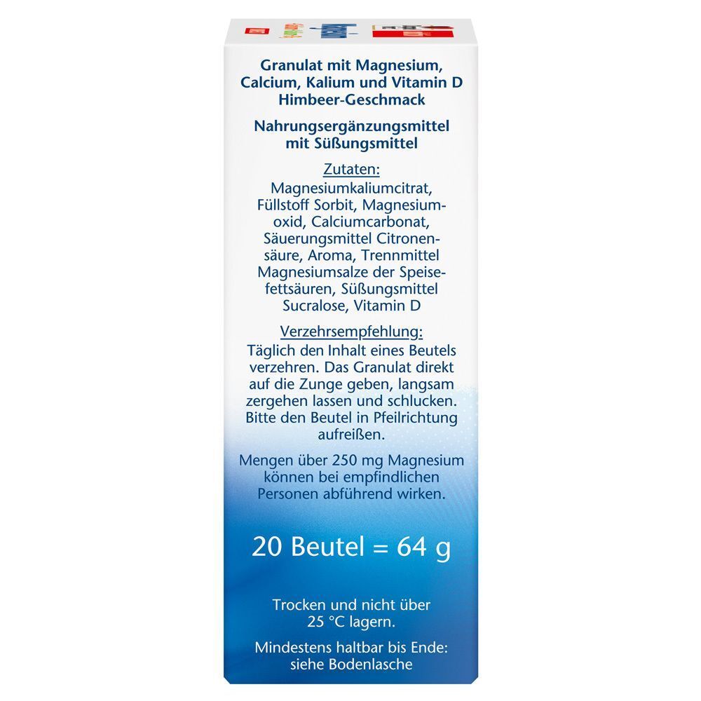 Seitenansicht der Verpackung mit Inhaltsangaben und Verzehrempfehlung. Enthält Informationen zur Lagerung.