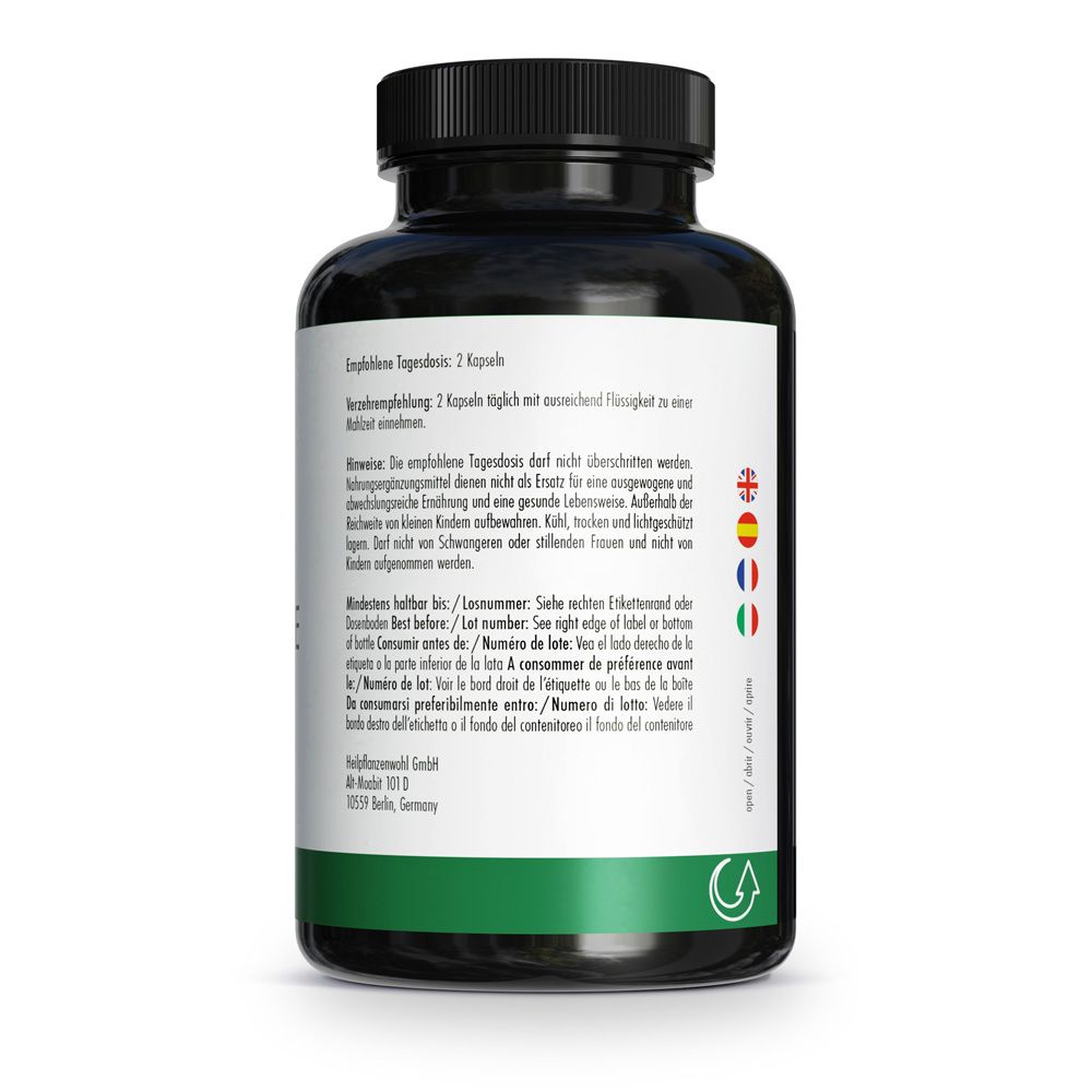 Rückseite einer Shilajit-Flasche mit Anwendungshinweisen und Länderflaggen. 180 Kapseln.