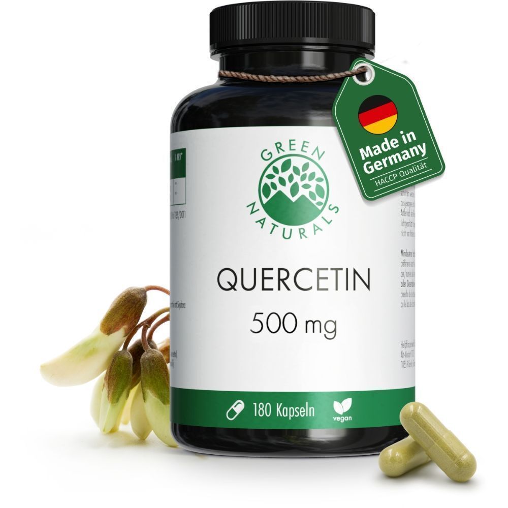 Schwarze Flasche mit Etikett. Aufschrift: GREEN NATURALS, QUERCETIN 500 mg, 180 Kapseln, vegan. Anhänger: Made in Germany.