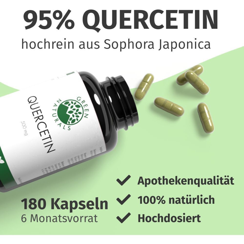 Flasche mit Kapseln. Aufschrift: 95% QUERCETIN, 180 Kapseln, 6 Monatsvorrat. Apothekenqualität, 100% natürlich, hochdosiert.