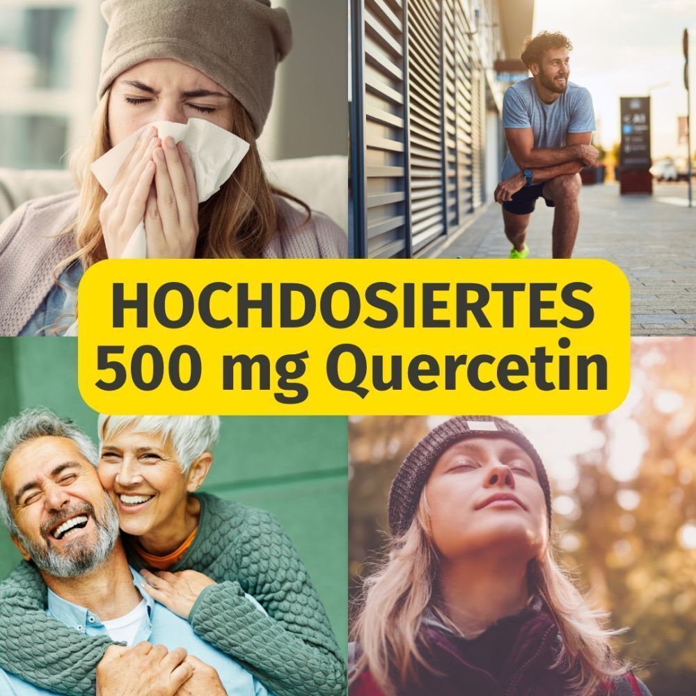 Collage mit Menschen. Text: HOCHDOSIERTES 500 mg Quercetin.