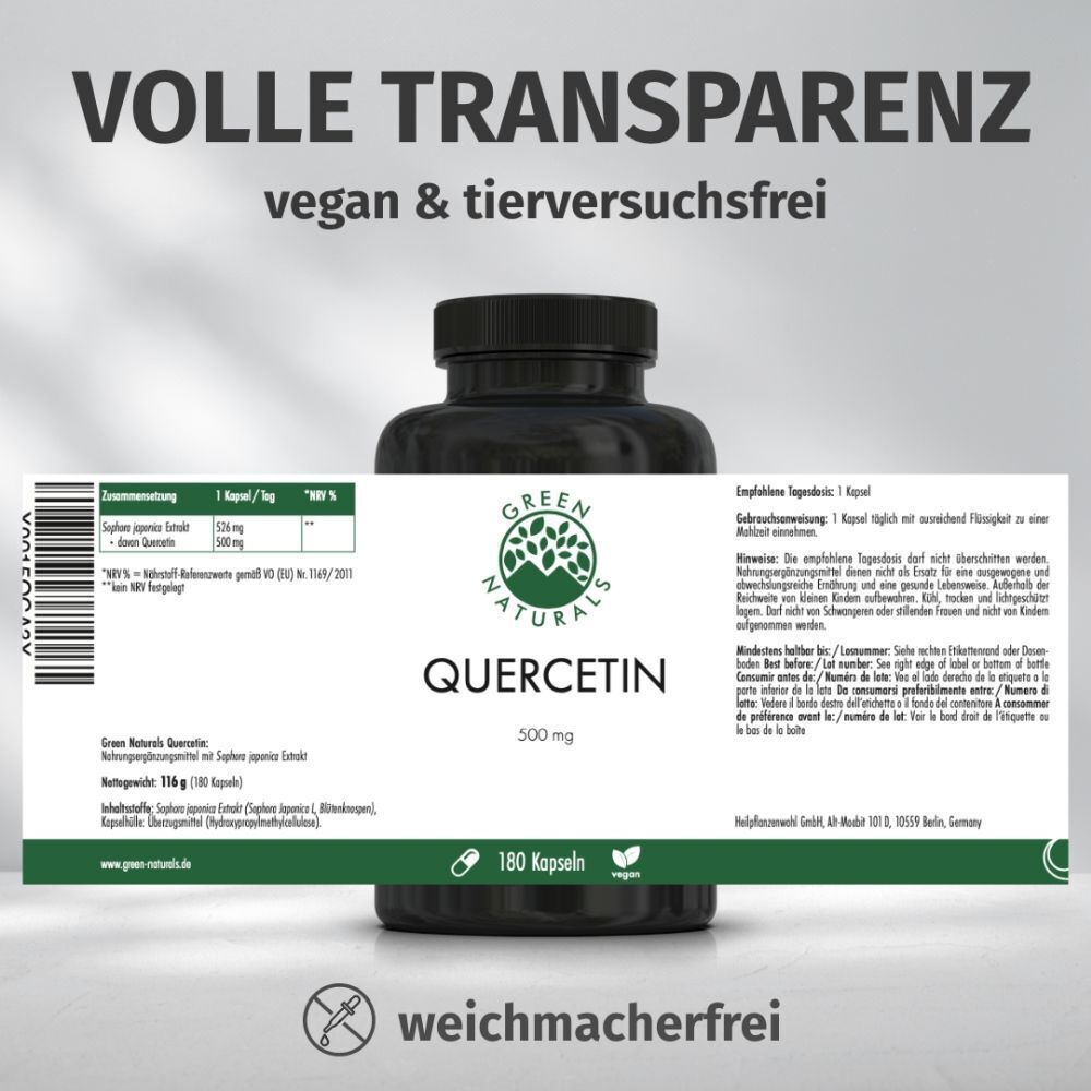 Flasche mit Etikett. Aufschrift: GREEN NATURALS, QUERCETIN 500 mg, 180 Kapseln. Text: vegan & tierversuchsfrei.