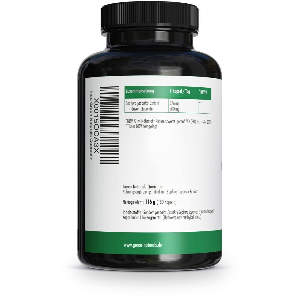 Rückseite der Flasche. Aufschrift: GREEN NATURALS, Quercetin, 500 mg. Inhaltsstoffe, Nährwertangaben.