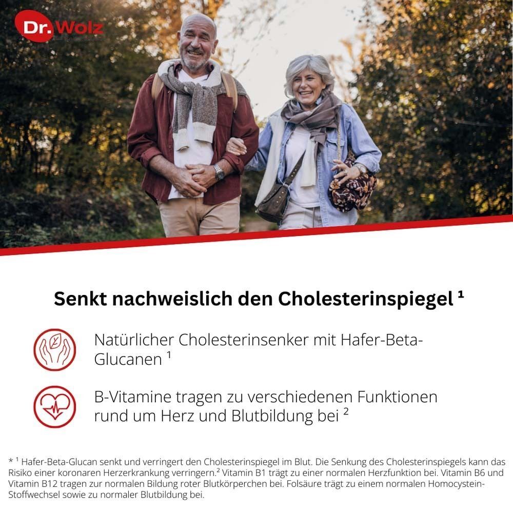 Älteres Ehepaar spaziert im Wald. Text: Senkt nachweislich den Cholesterinspiegel. Symbole für Hafer-Beta-Glucanen und B-Vitamine.