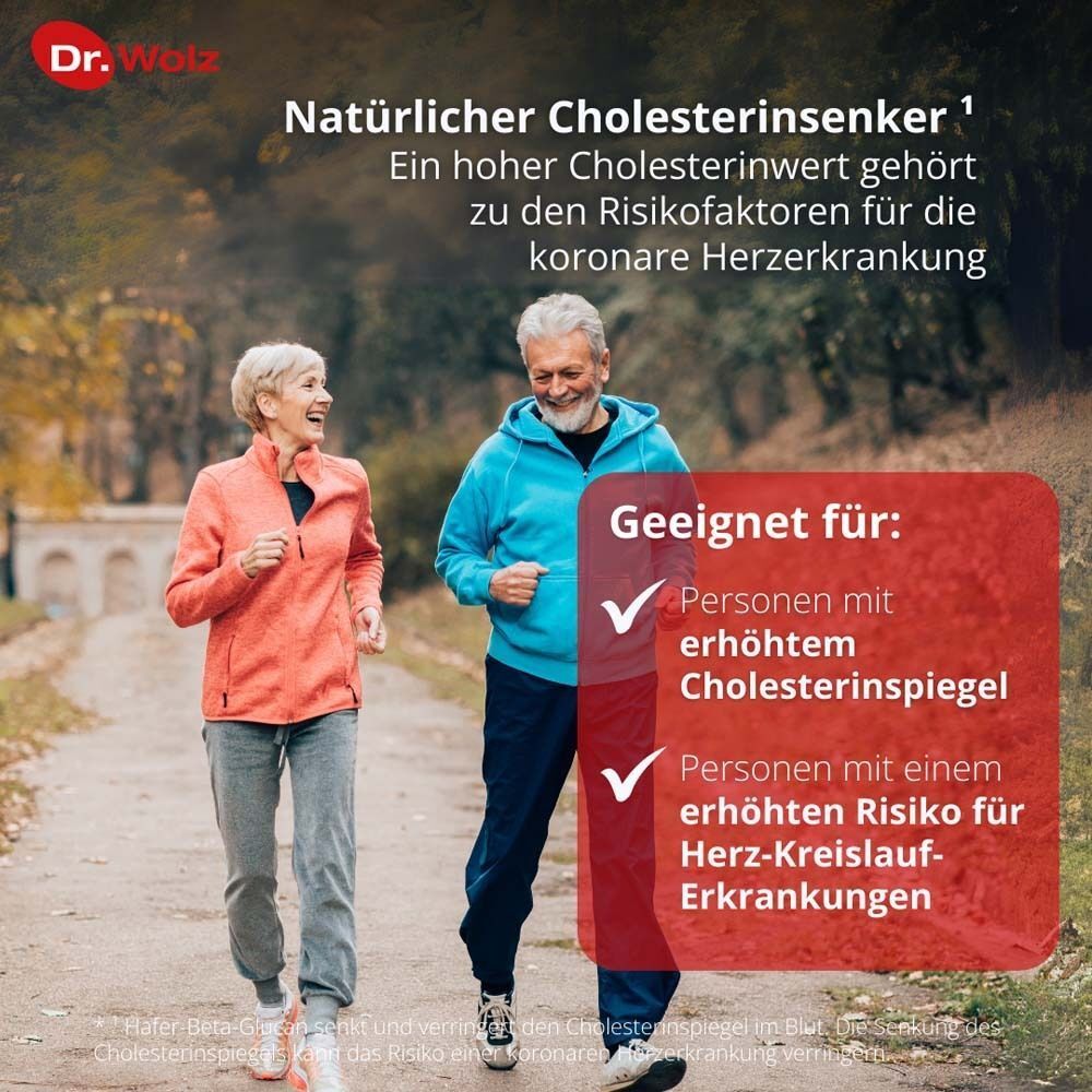 Älteres Paar joggt im Wald. Text: Natürlicher Cholesterinsenker. Geeignet für Personen mit erhöhtem Cholesterinspiegel und Herz-Kreislauf-Risiko.