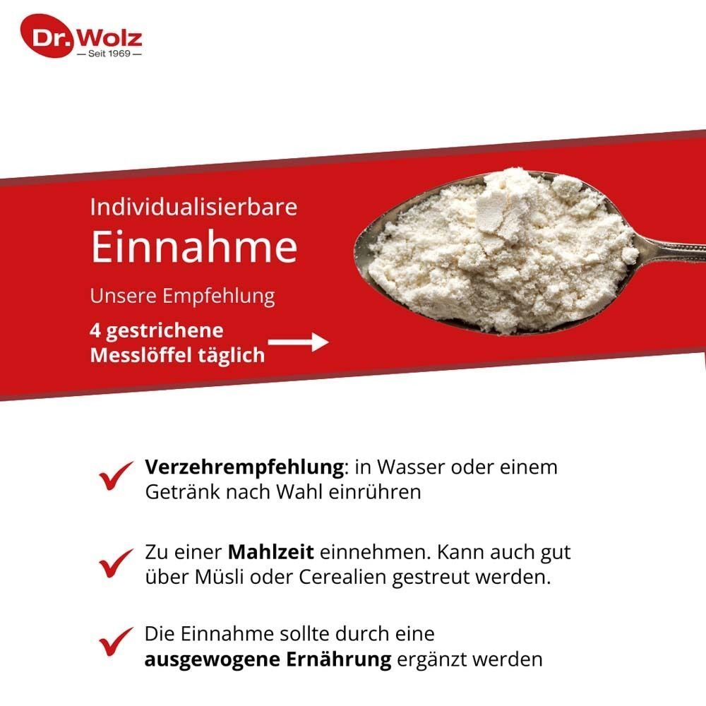 Löffel mit Pulver. Text: Individualisierbare Einnahme. Empfehlung: 4 Messlöffel täglich. Einnahme in Wasser oder mit Mahlzeit.