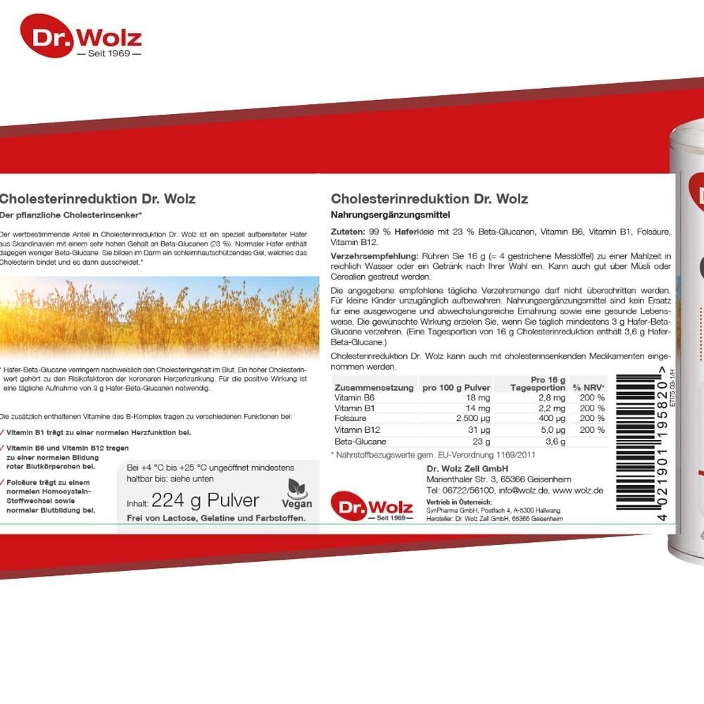 Produktverpackung CHOLESTERINREDUKTION Dr. Wolz. Enthält Nährwertangaben, Inhaltsstoffe und Herstellerinformationen.