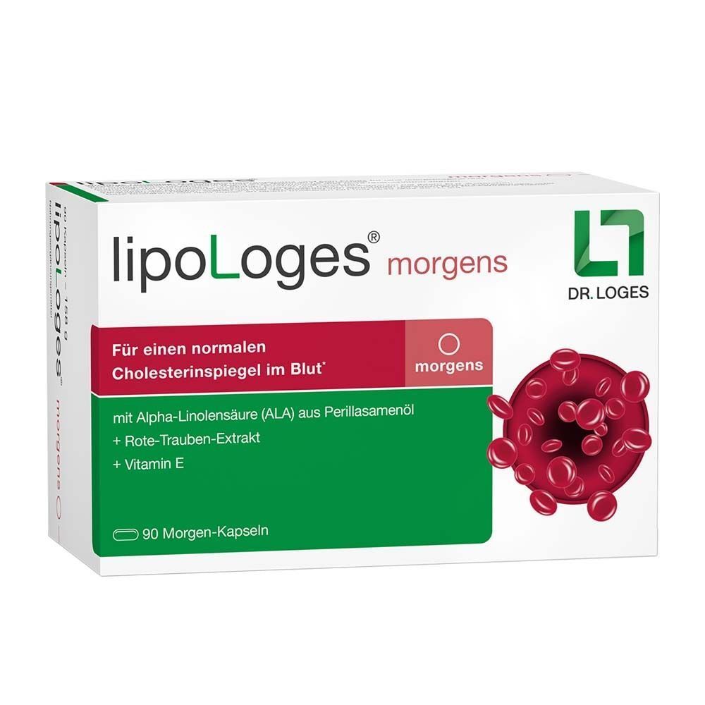 Weiße Verpackung mit grünem und rotem Text. Aufschrift: lipoLoges morgens. Logo von Dr. Loges. 90 Morgen-Kapseln.
