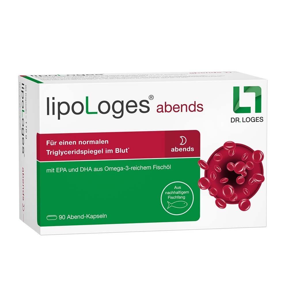 Weiße Verpackung mit grünem und rotem Text. Aufschrift: lipoLoges abends. Logo von Dr. Loges. 90 Abend-Kapseln.