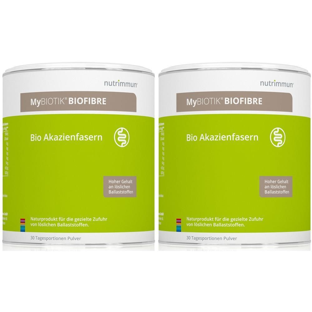 Zwei Dosen MyBIOTIK® BIOFIBRE Bio Akazienfasern Pulver, 30 Portionen pro Dose.
