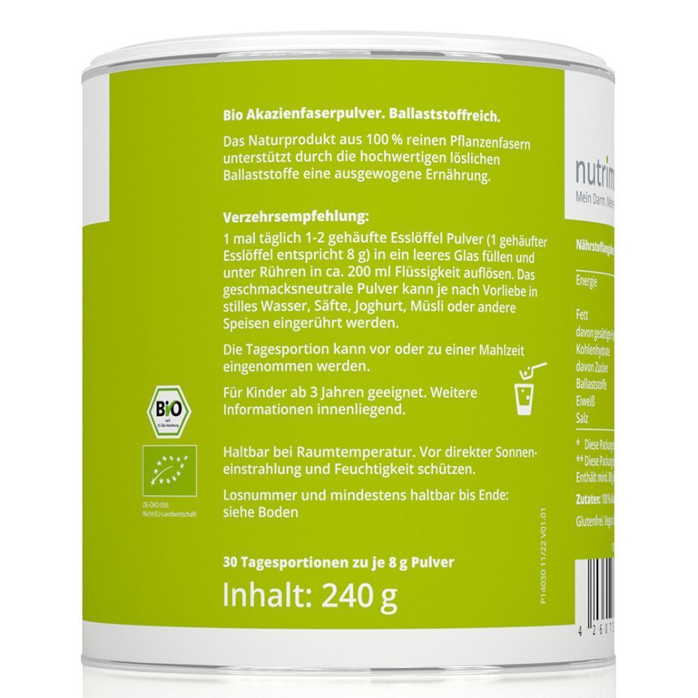 Rückseite einer Dose MyBIOTIK® BIOFIBRE Bio Akazienfasern Pulver mit Bio-Siegel und Anwendungshinweisen.