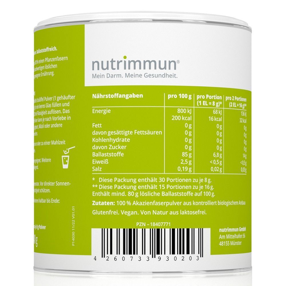 Rückseite einer Dose MyBIOTIK® BIOFIBRE Bio Akazienfasern Pulver mit Nährwertangaben und Zutatenliste.