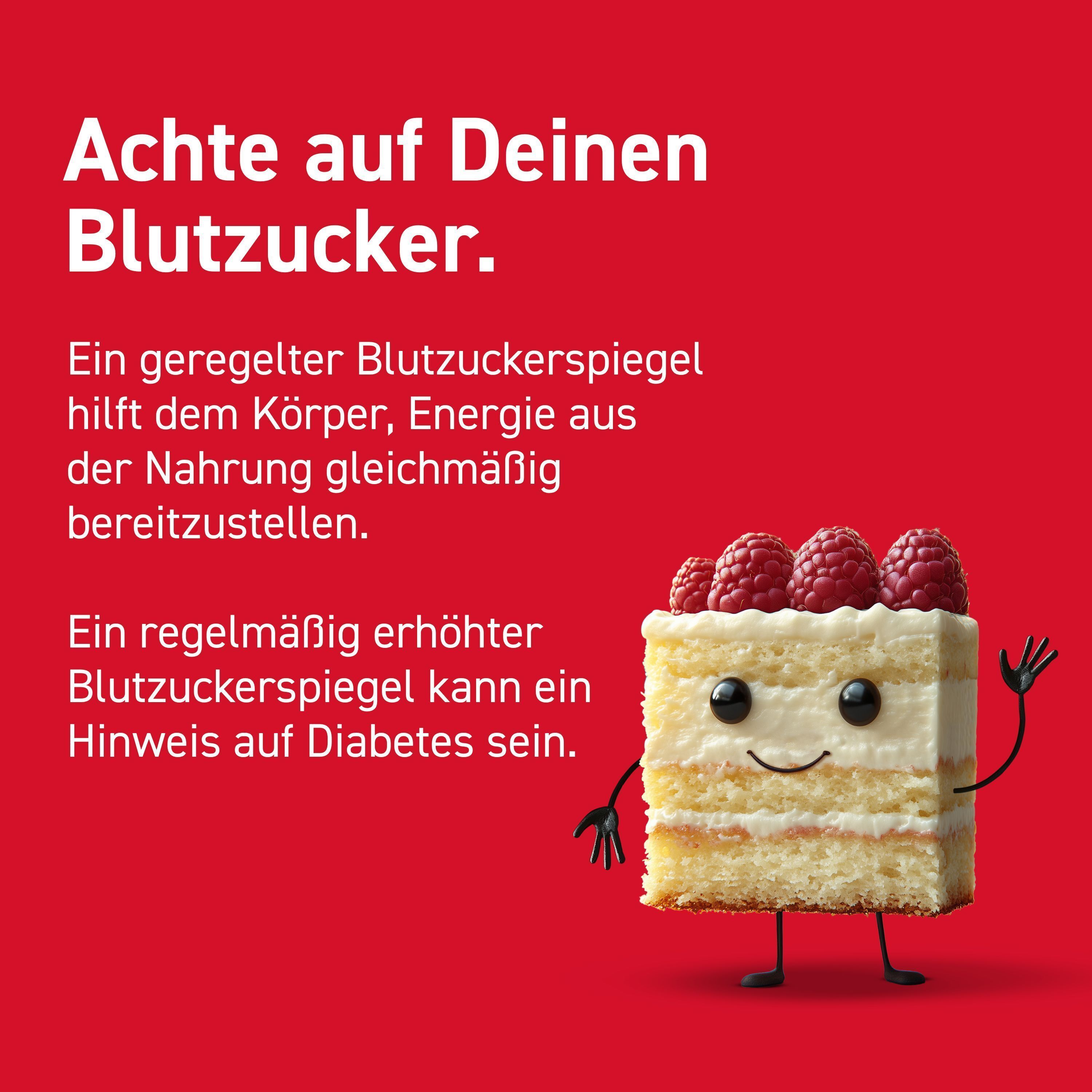 Roter Hintergrund mit Text: Achte auf Deinen Blutzucker. Kuchen-Figur mit Himbeeren. Text über Blutzuckerspiegel.