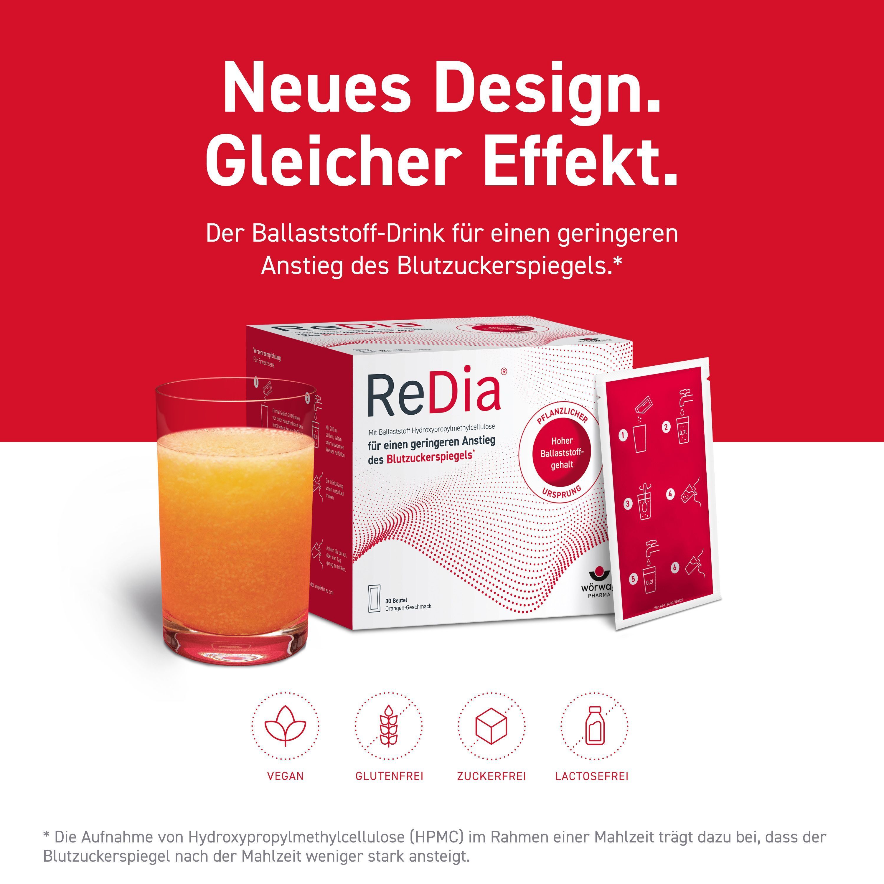 Glas mit Getränk, Packung und Beutel ReDia. Text: Neues Design. Gleicher Effekt. Vegan, glutenfrei, zuckerfrei, laktosefrei.