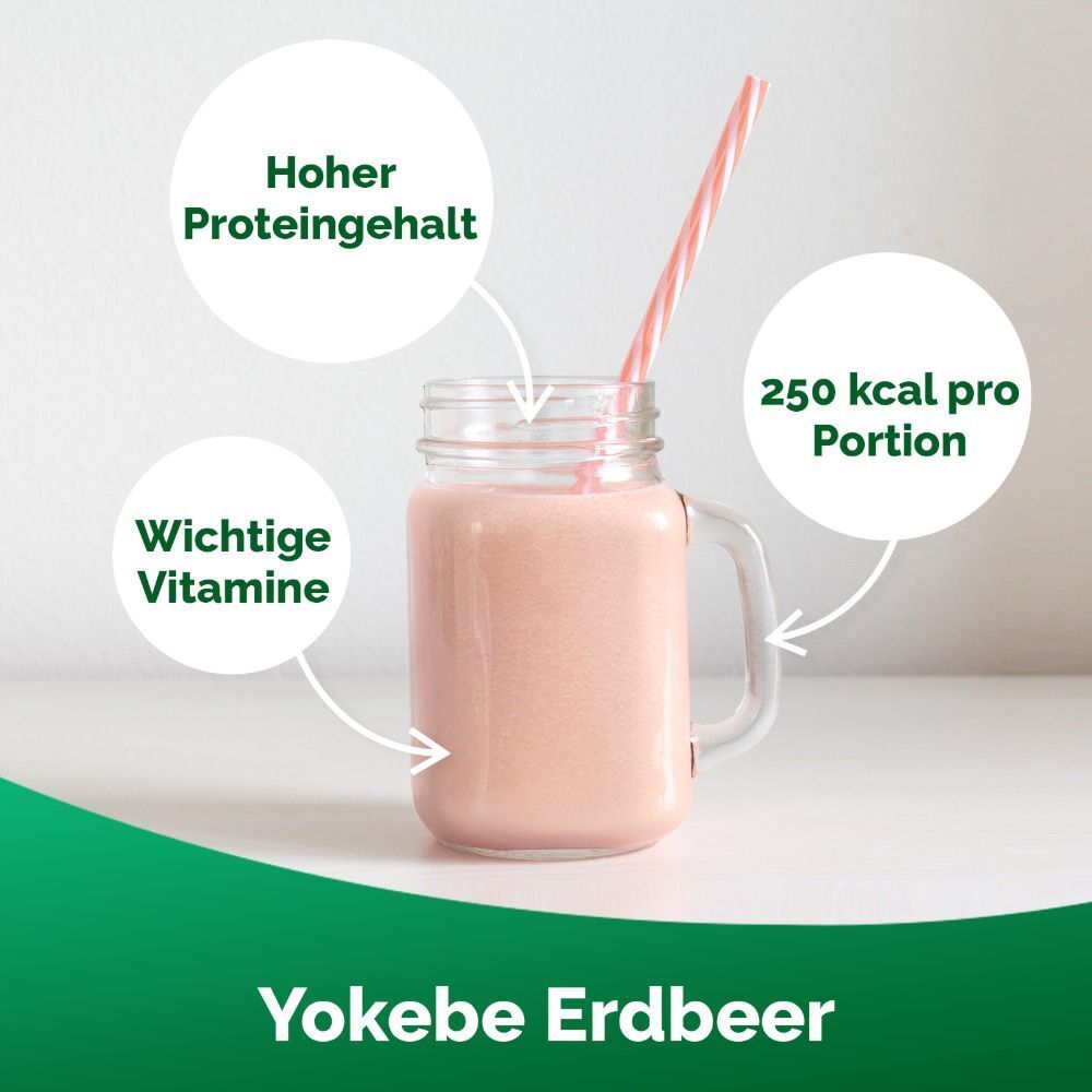 Glas mit Erdbeer-Shake, Strohhalm. Text: Hoher Proteingehalt, wichtige Vitamine, 250 kcal pro Portion. Yokebe Erdbeer.
