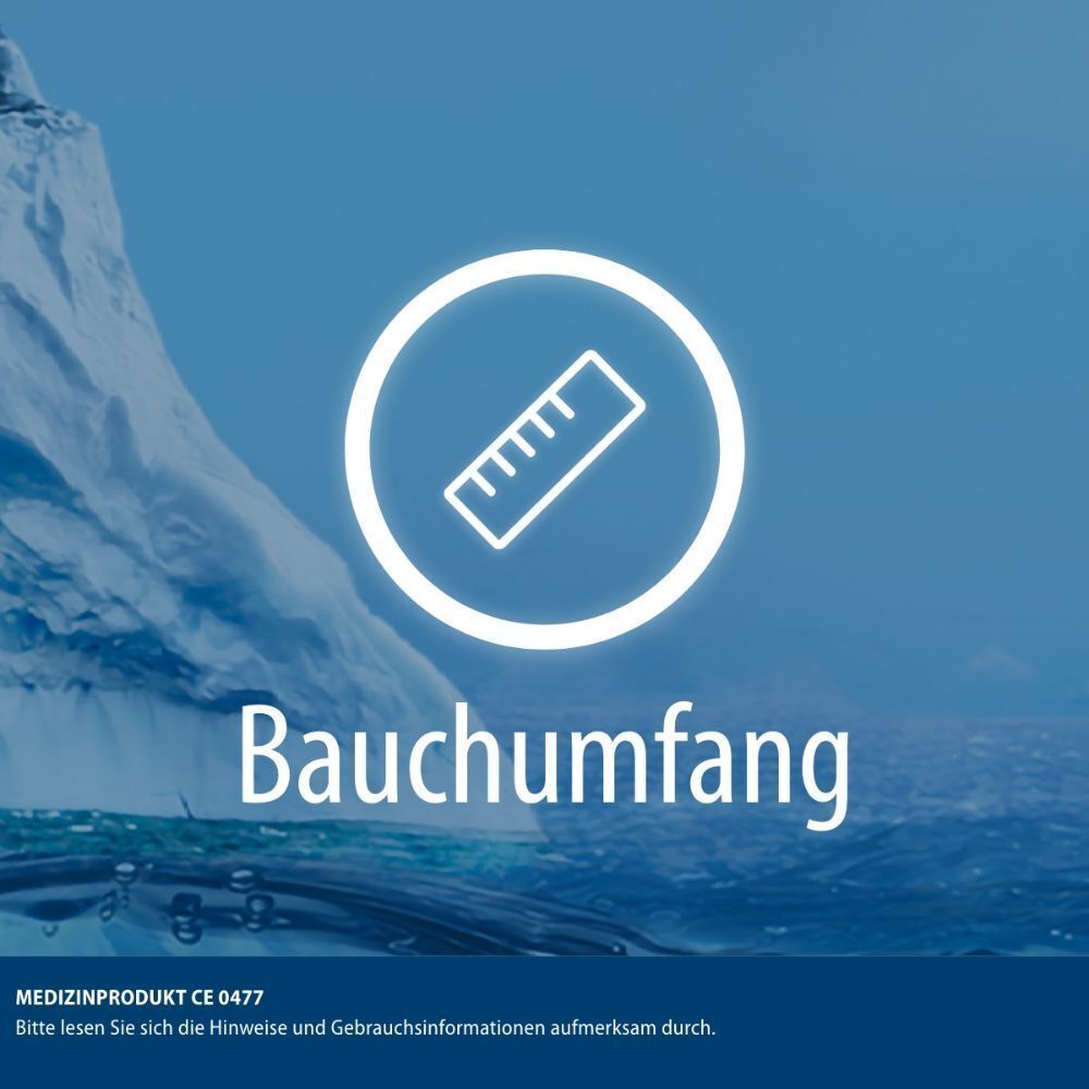Symbol für Bauchumfang in einem Kreis. Text: Bauchumfang. Medizinprodukt CE 0477. Blauer Hintergrund.