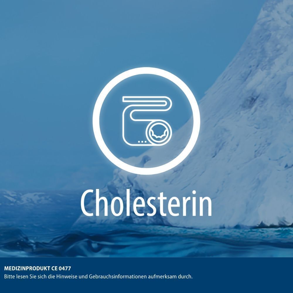 Symbol für Cholesterin in einem Kreis. Text: Cholesterin. Medizinprodukt CE 0477. Blauer Hintergrund.
