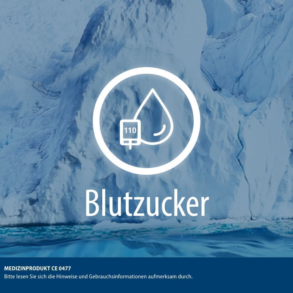 Symbol für Blutzucker in einem Kreis. Text: Blutzucker. Medizinprodukt CE 0477. Blauer Hintergrund.