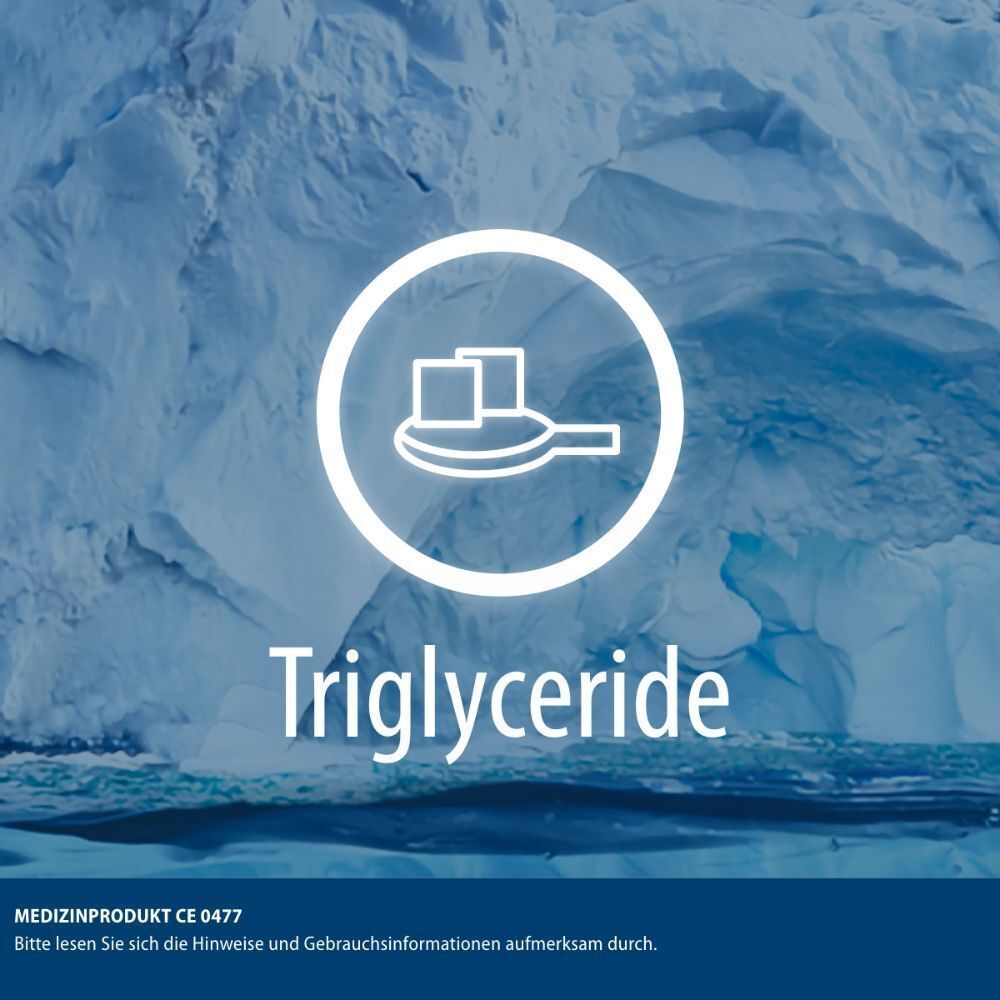 Symbol für Triglyceride in einem Kreis. Text: Triglyceride. Medizinprodukt CE 0477. Blauer Hintergrund.