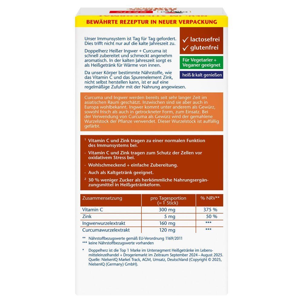Rückseite der Doppelherz Heißer Ingwer+Curcuma Packung. Text über Inhaltsstoffe, Anwendung und Nährwerte. Enthält Informationen.