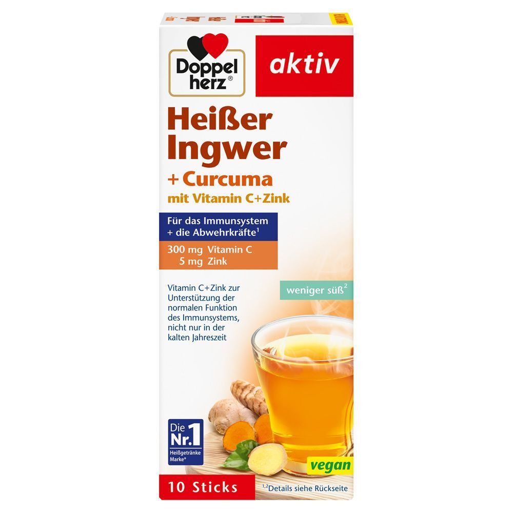Doppelherz Heißer Ingwer+Curcuma Packung. Aufschrift: aktiv, 10 Sticks, mit Vitamin C+Zink. Abbildung eines Getränks.